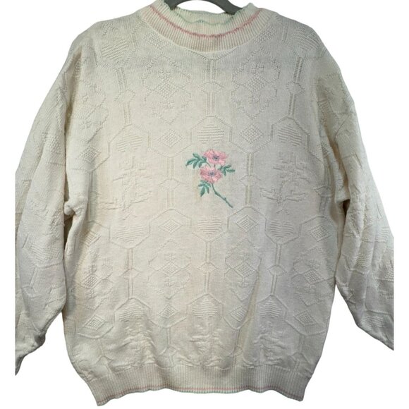 Frankenmuth Woolen Mill Womens Grannycore Sweater Size L Cream Pink Floral Embro - Picture 2 of 10